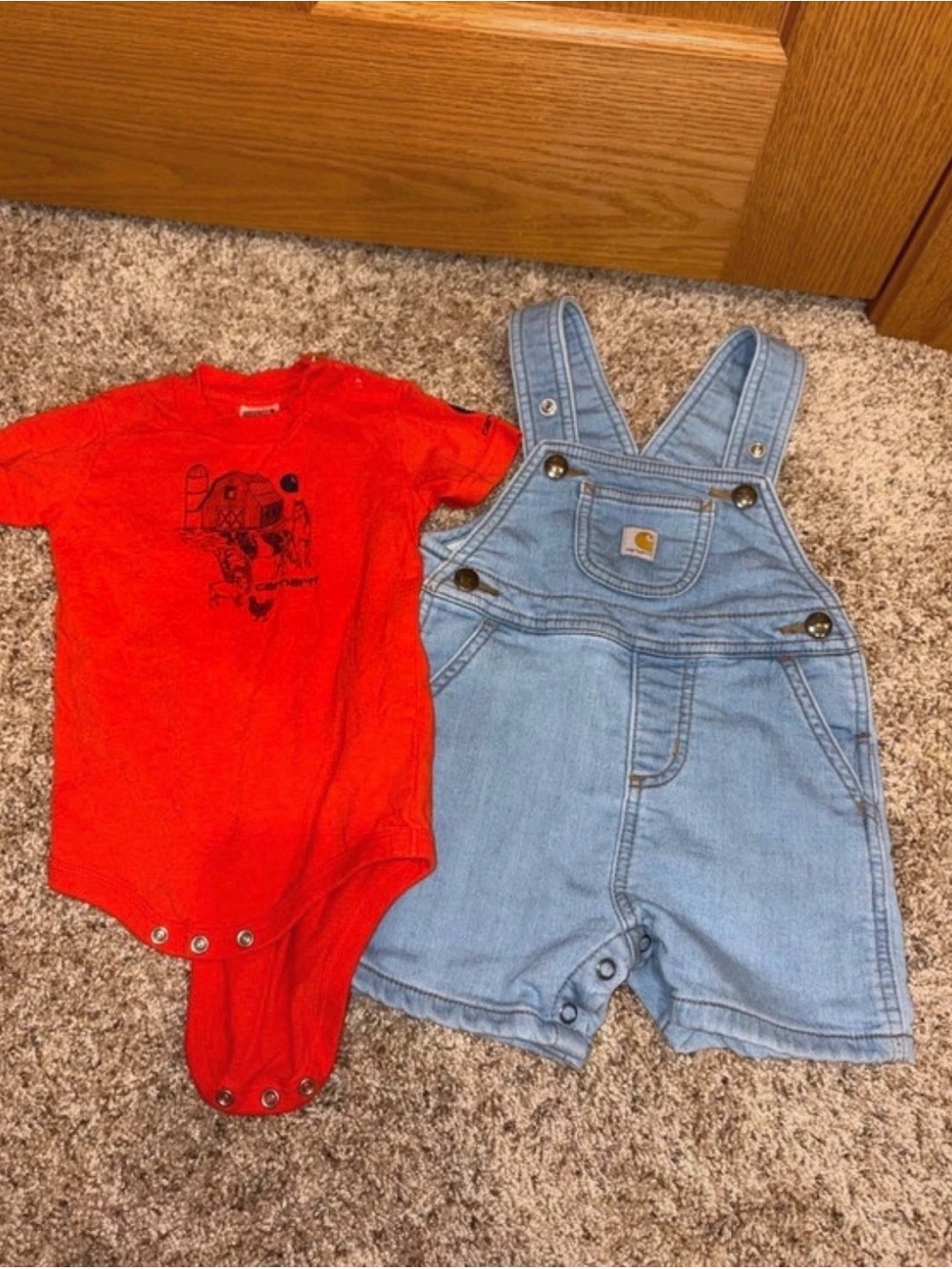 Carhartt 12 month Light Blue Denim Kids Short Overalls Set